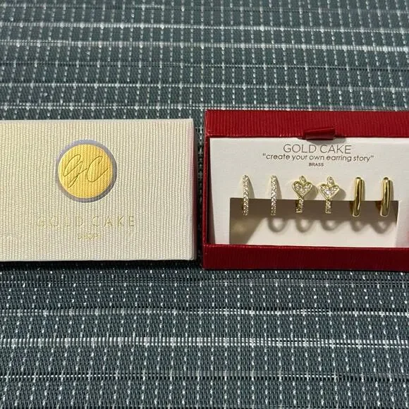 NEW | Gold Cake | Cubic Zirconia Huggie Earrings Set of 3 - Picture 3 of 3